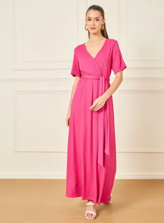 Textured V Neck A-Line Maxi Dress with Waist Tie Up 