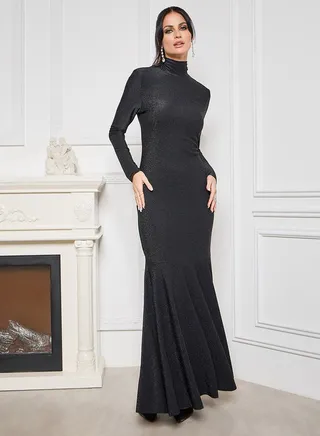High Neck Stretch Shimmer Bodycon Maxi Dress 