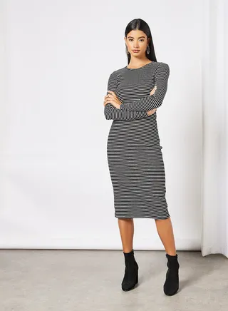 Women's Casual Yarn Dyed Ribbed Striped Design Maxi Long Sleeve Knit Evening Maxi Dress Black/White 