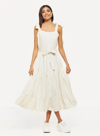 Lee Cooper Solid Tiered Maxi Dress with Tie-Up Belt 
