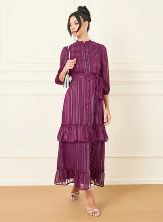 Lurex Striped High Neck Ruffle Detail Tiered Maxi Dress 