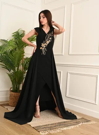 Long Dress decorated with crystals and sequins from the chest, Black 