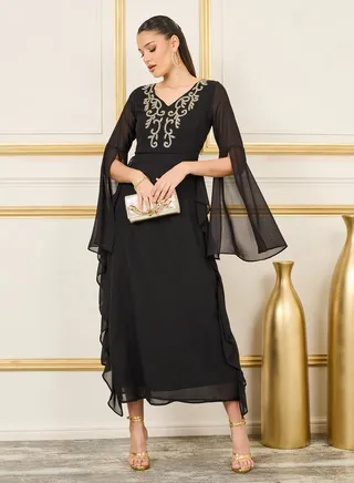 Slit Bell Sleeve Beaded Maxi Dress 