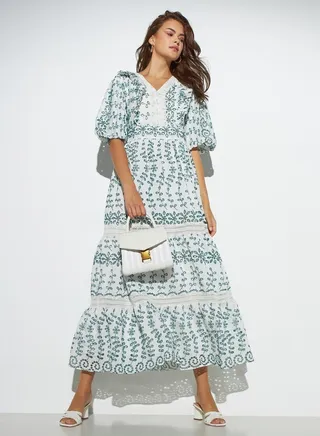 Iconic Lace Detail Tiered Dress with Balloon Sleeves 