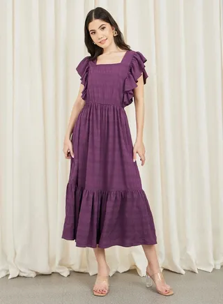 Ruffle Detail Square Neck A-Line Midi Dress 
