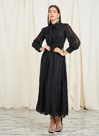 Dobby Textured Tie Up Neck A-Line Maxi Dress 