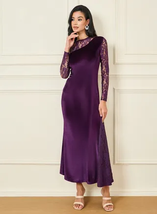 Velvet Lace Detail Sheath Maxi Dress