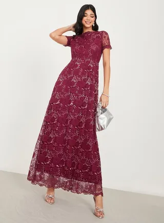 Floral Lace Insert A-Line Maxi Dress