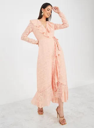 Jacquard Wrap Maxi Dress with Ruffle Detail 
