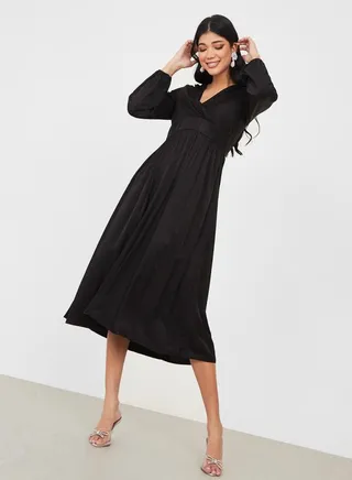 Solid Wrap Front A-Line Midi Dress 