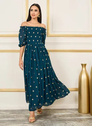 Embroidered Smocked Detail Off Shoulder Maxi Dress