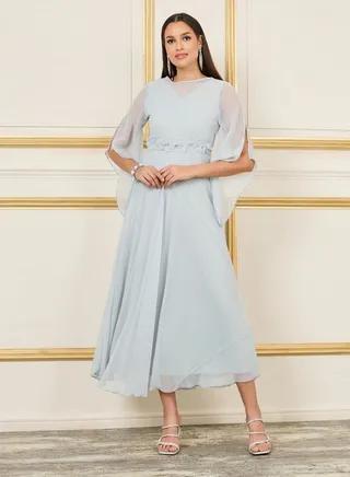 Floral Applique Mesh Slit Sleeves A-Line Maxi Dress 