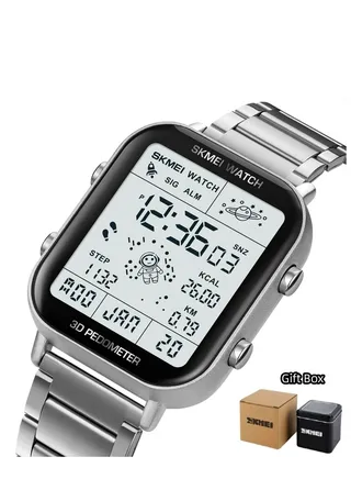 Watches for Men Stainless Steel Multi-function Water Resistance Digital Watch 3D Pedometer Silver Gift Box Included 1888 