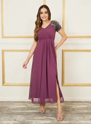 Sequin Detail Sleeves Pleated Maxi Dress with Side Slit