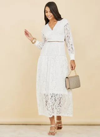 Lace Insert V Neck A-Line Maxi Dress 