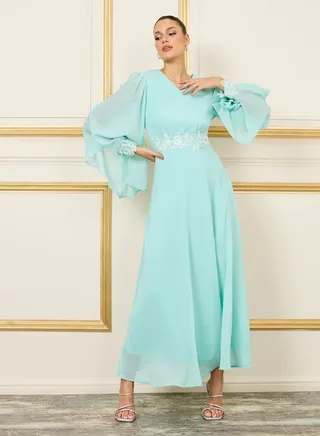 Embellished Bell Sleeves A-Line Maxi Dress 