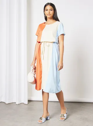 Casual Cap Sleeve Colorblock Maxi Knit Long Evening Maxi Dress With Draw String 43 Orange/White/129 Blue 