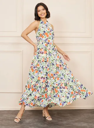 Floral Print Halter Neck Tiered Maxi Dress 