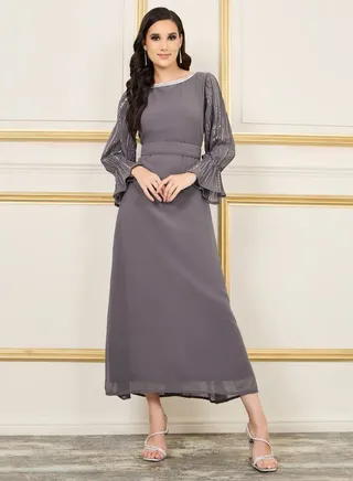 Embellished Sleeves Lace Trim Neck A-Line Maxi Dress