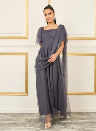 Drape Mesh Insert Square Neck A-line Maxi Dress 