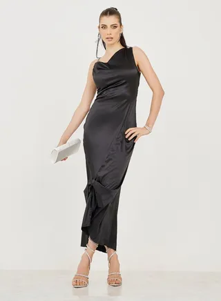 One Side Shoulder Knot Detail Satin Maxi Dress 