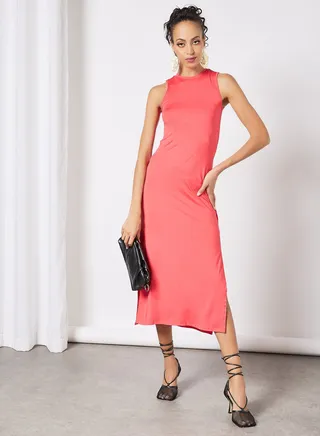Casual Sleeveless Long Evening Maxi Dress With Side Slit 53 Dark Red 