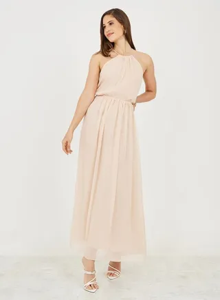 Solid Crinkle Halter Neck Sheath Maxi Dress 