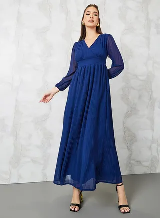 V Neck Sheer Sleeve A-Line Maxi Dress 