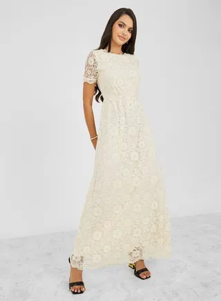 Lace Insert Short Sleeves A-Line Maxi Dress 