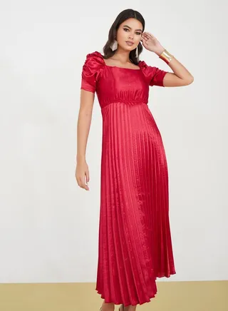 Puff Sleeves Accordion Pleated Midi Dress 