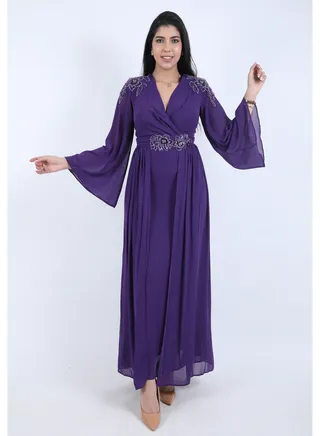 Women's Maxi  Dress with Long Sleeves  and a belt on the waist, Blue 