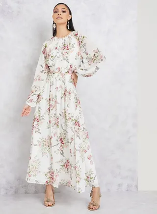 Floral Print Lace Detail A-Line Maxi Dress 