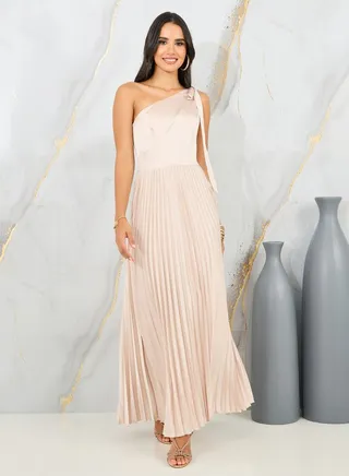 Satin One Tie Sleeves Pleated A-Line Maxi Dress 
