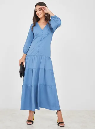 V Neck Button Detail Tiered Maxi Dress 