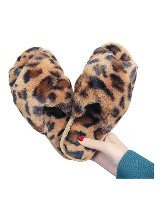 Women Leopard Cross Band Soft Plush Fluffy Warm Bedroom Slippers Brown/Black 