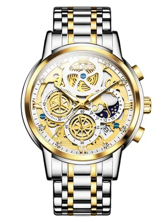 Watches for Men Fashion Stainless Steel Quartz Chronograph Water Resistant Watch 42mm 9947Gold&Silver 