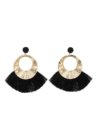 Patterned Round Design Tassel Earrings 