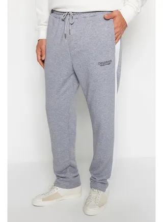 Men's Gray Men's Regular/Regular Cut Contrast Color Paneled Bold Text with Embroidered Regular Leg Sweatpants. 
