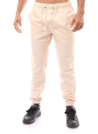 Beige Gabardine Pants with Elastic Hem 