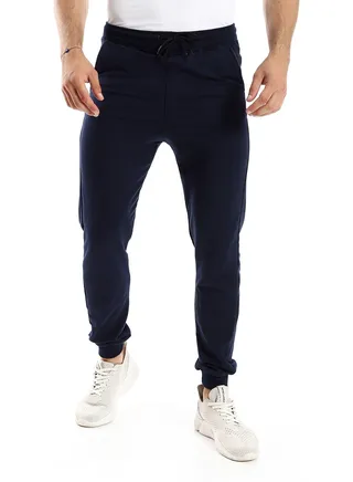 Solid Cotton Sweatpants With Hem - Navy Blue 