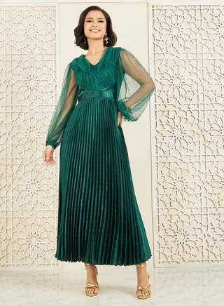 Dobby Mesh Sleeves Satin Pleated A-Line Maxi Dress 