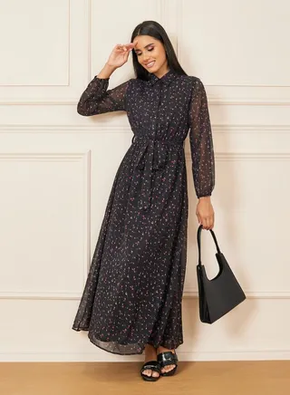 Ditsy AOP Self Tie Up Shirt Maxi Dress 