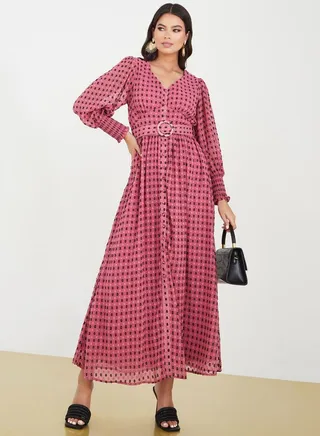 Dobby A-Line Belted Maxi Dress 