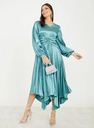 Asymmetric Hem Satin Pleated Midi Dress 