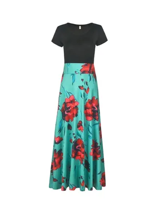 Flower Printed Short Sleeve Maxi Dress Green/Black/Red 