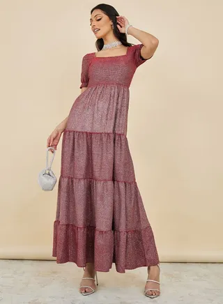 Square Neck Self Design Tiered Maxi Dress 