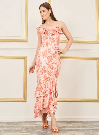 Floral Print Ruffle Detail Mermaid Maxi Dress 