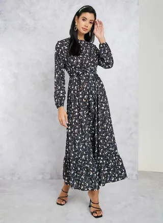 All Over Print A-Line Maxi Dress with Tie Belt 
