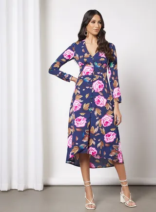 V-Neck All Over Print Front Sling Long Evening Maxi Dress Navy Blue 