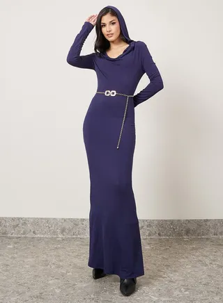 Cowl Neck Rib Bodycon Maxi Dress with Hood 